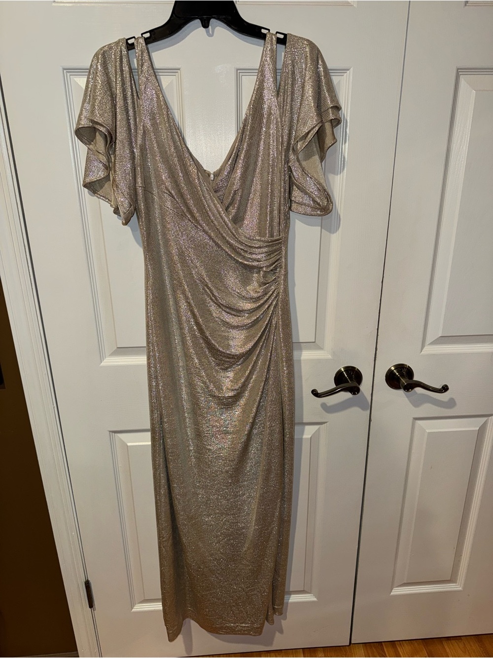 Ralph Lauren Metallic Gold Draped Maxi Dress with Flutter Sleeves
